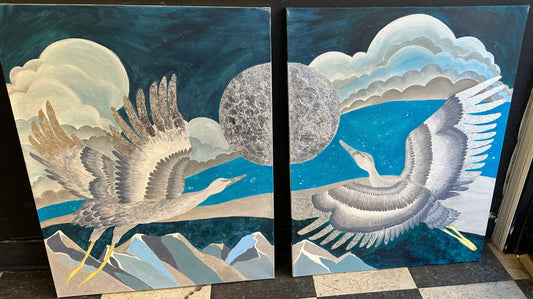 60x24 Hand Painted Gourgues Double Birdie over the moon painting