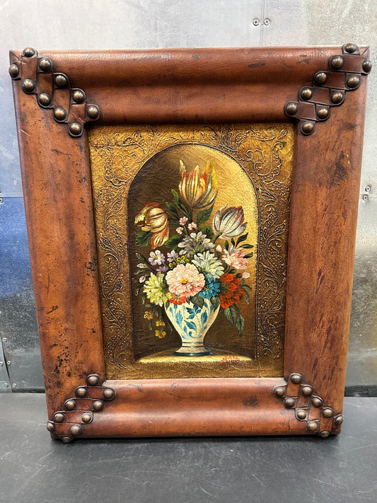 23x19 Absolutely Gorgeous Leather Framed, Vase with flowers, 20th-Century, Oil on Canvas, Signed Norka