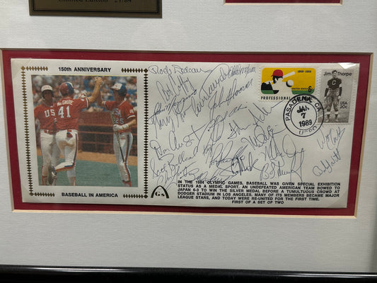 22x14 Framed 1984 USA Olympic Baseball FDC Envelope Team-Signed by (21) with Mark McGwire, Barry Larkin, Bobby Witt, BJ Surhoff