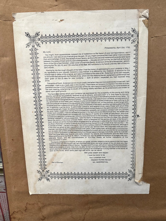 30X24 FRAMED George Washington FACSIMLE LETTER TO Earl of Buchan 1793