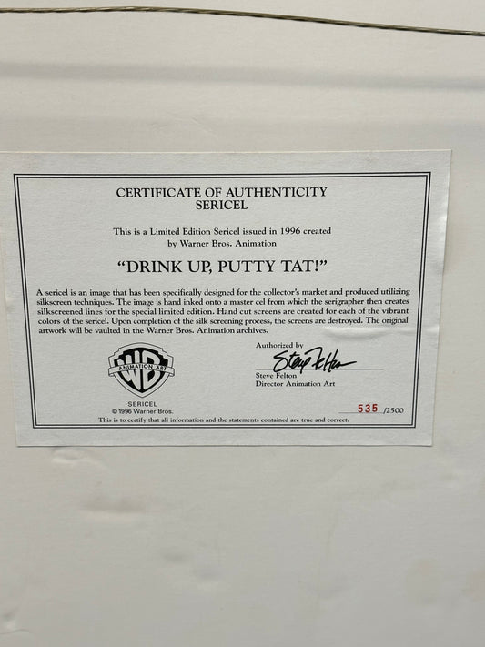 19x17 1996 Warner Bros. sericel "Drink Up Putty Tat"