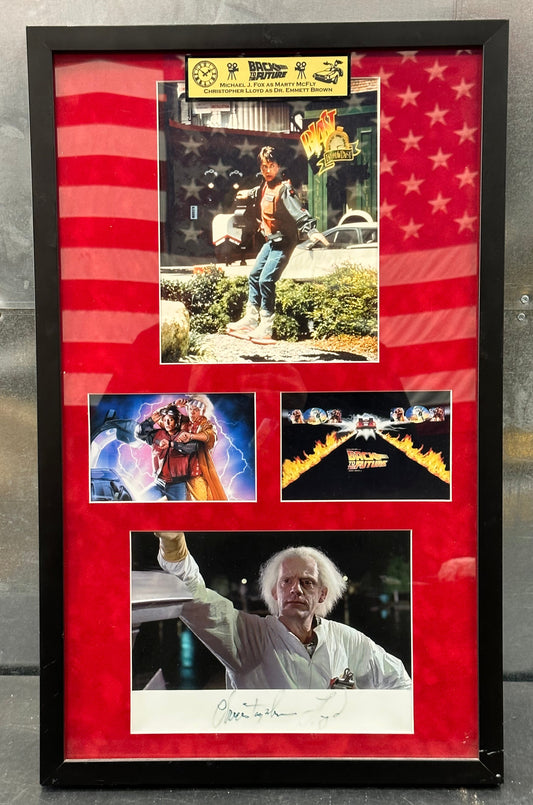 26x16 Framed Dual 8x8 Back to The Future signed by Michael J Fox & Cristopher Lloyd