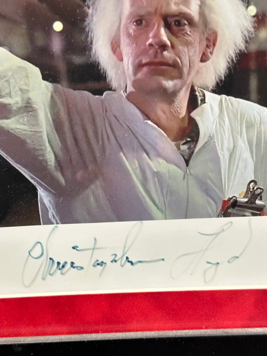 26x16 Framed Dual 8x8 Back to The Future signed by Michael J Fox & Cristopher Lloyd