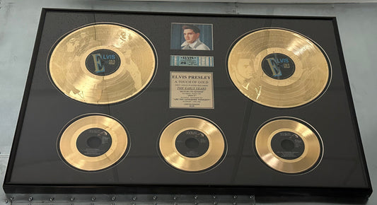 36x24 Framed Elvis Presley, 24kt Gold Plated Records, Framed, Ticket Limited Edition #60/150. Comes with 24k Gold plated records