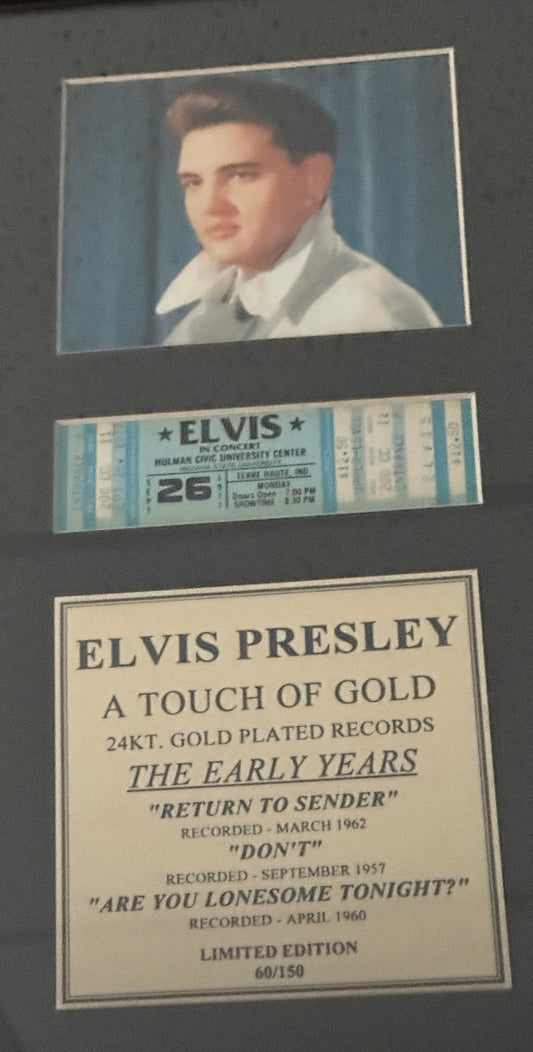 36x24 Framed Elvis Presley, 24kt Gold Plated Records, Framed, Ticket Limited Edition #60/150. Comes with 24k Gold plated records