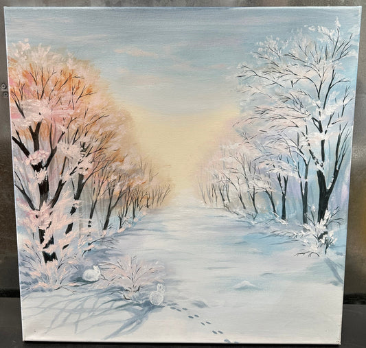 20x20 Hand Painted Bunny rabbit went for a little snow play