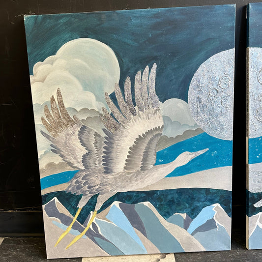 60x24 Hand Painted Gourgues Double Birdie over the moon painting