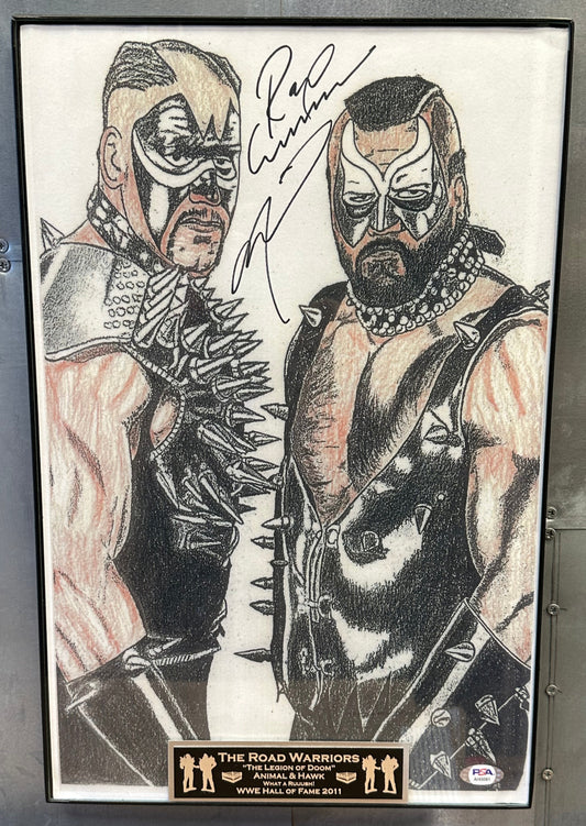 17x11 SIGNED & PSA Hawk and Animal "Road Warriors" Wrestling WWF WWE Tag Team (both deceased)